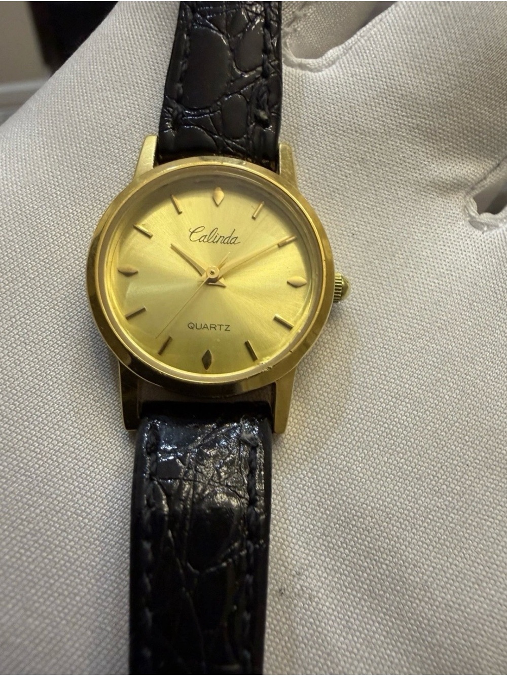 Calinda Gold Tone Quartz Dial Black Leather Strap 23mm Ladies Watch